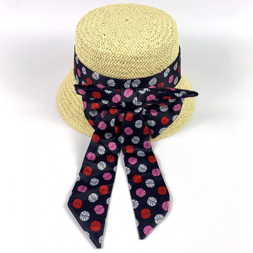 Disney Straw Sun Bucket Hat Minnie Mouse Bow Polka Dots say‎ Minnie Mouse OSFM